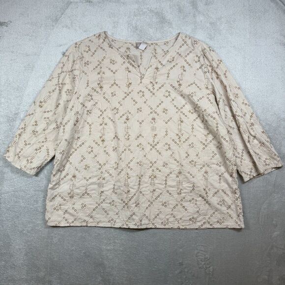 Chico's Tops - Chicos Top Women’s Size 3 Beige Cotton Roll Tab Sleeve Embroidered Tunic Casual